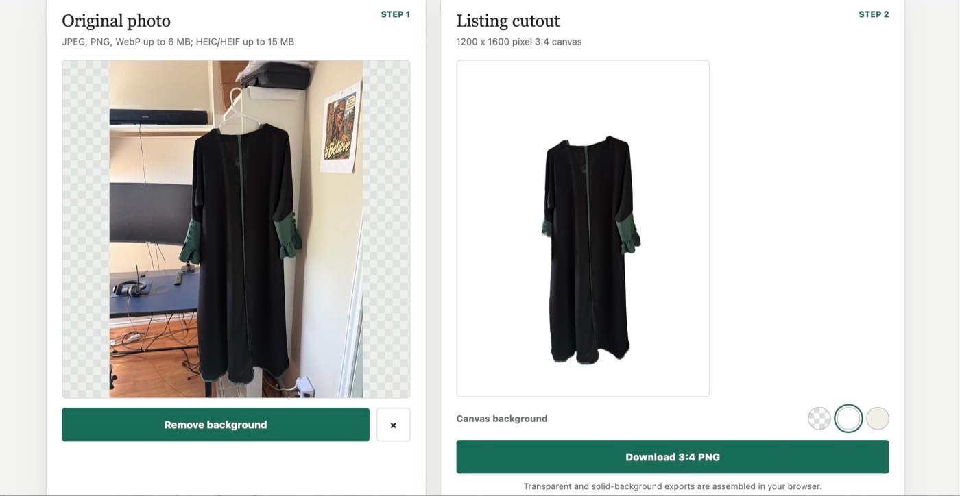 Black dress before background removal and after placement on a white background